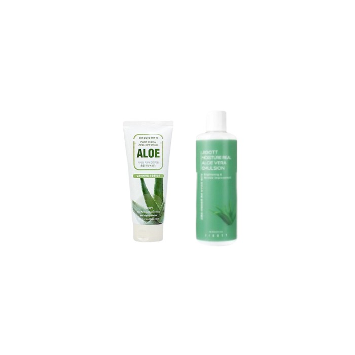 Jigott - Pure Clean Peel Off Pack No.Aloe - 180ml (1ea) + Moisture Real Aloe Vera Emulsion - 300ml (1ea) Set