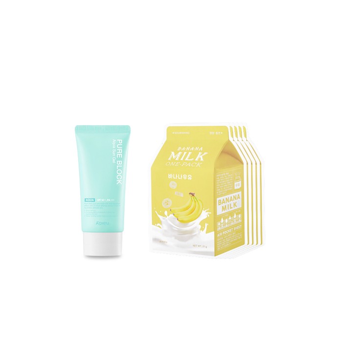 A'PIEU - Milk One Pack Sheet Mask - Banana - 5pcs + Pure Block Aqua Sun Gel SPF50+ PA+++ (1ea) Set
