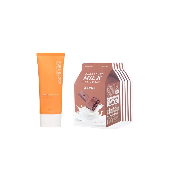 A'PIEU - Milk One Pack Sheet Mask - Chocolate - 5pcs + Pure Block Natural Daily Sun Cream SPF45 PA+++ - 100ml (1ea) Set