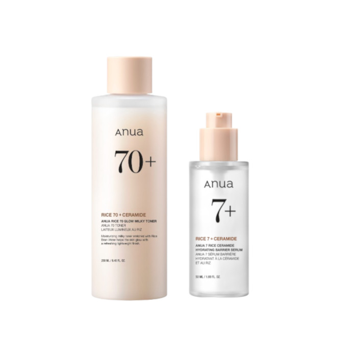 ANUA - Rice 70 Glow Milky Toner - 250ml (1ea) + 7 Rice Ceramide Hydrating Barrier Serum - 50ml (1ea) Set