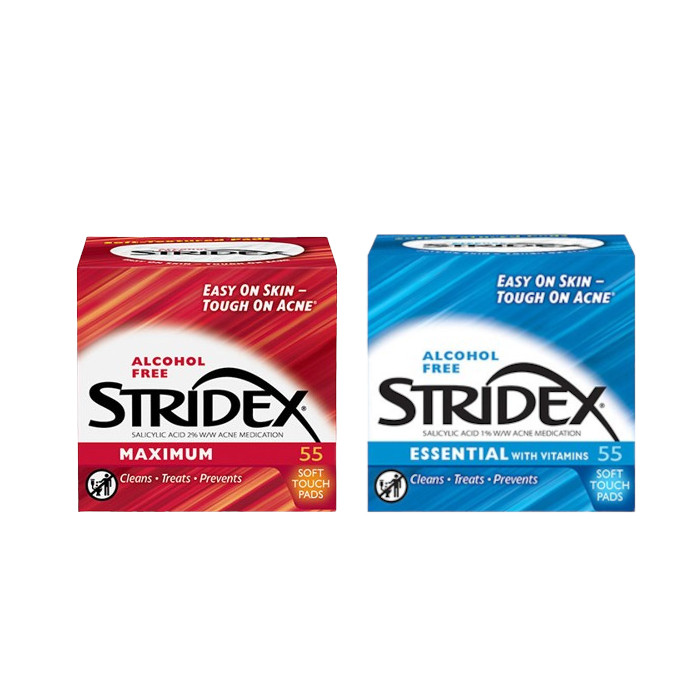 STRIDEX - Alcohol Free Maximum Pads (2% Salicylic Acid) RED - 55pcs + Essential Pads With Vitamins BLUE - 55pcs set