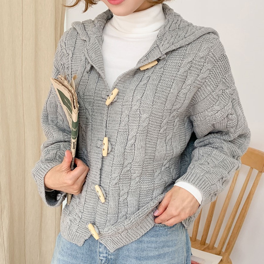 long hooded cable knit cardigan