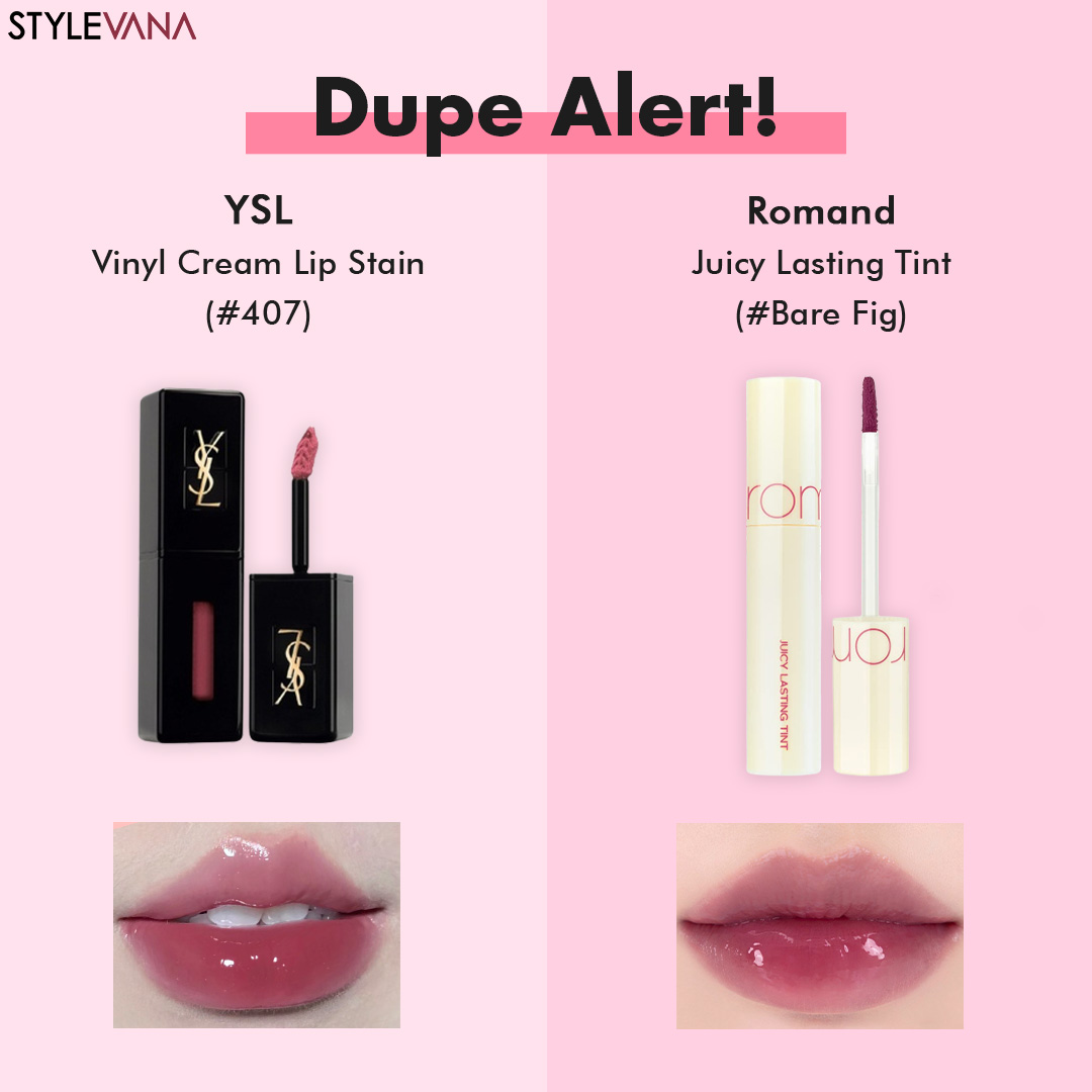 YSL  LIP DUPE Get the glossiness and juice of YSL's Vinyl Cream Lip Stain for less with Romand's Juicy Lasting Tint! At less than 1/5 of the price, Romand serves you lustrous vibrant pigmentation in a stay-all-day formula, versatile for a gentle grad...