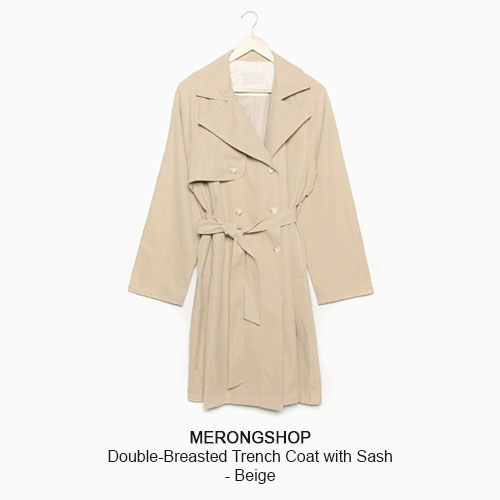  MERONGSHOP - Double-Breasted Trench Coat with Sash 