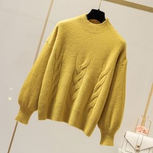 MsBlossom - Puffy-Sleeve Mock Turtleneck Braided Knit Sweater